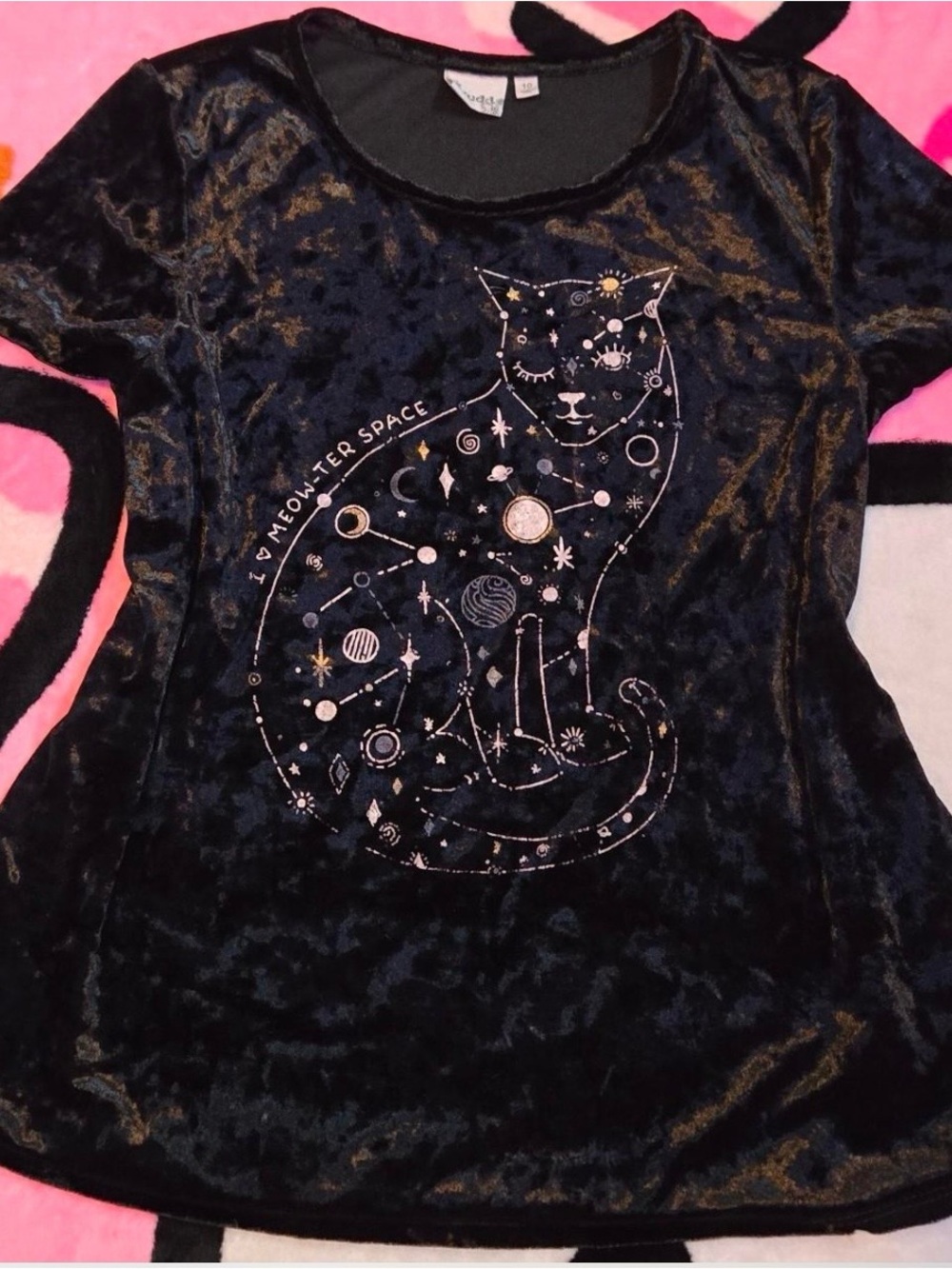 Mudd Girls Black Velvet Short-Sleeve Cat Constellation Tee Sz 10
